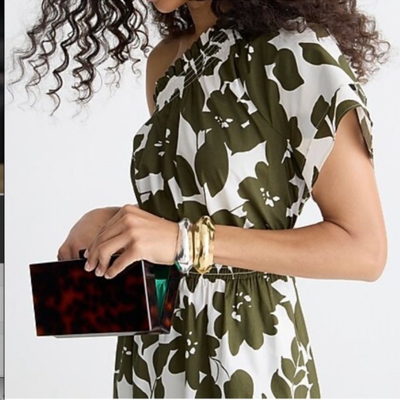 J.Crew Smocked cotton  one-shoulder dress in leafy floral-BR404-Rich Olive Small - Picture 2 of 7